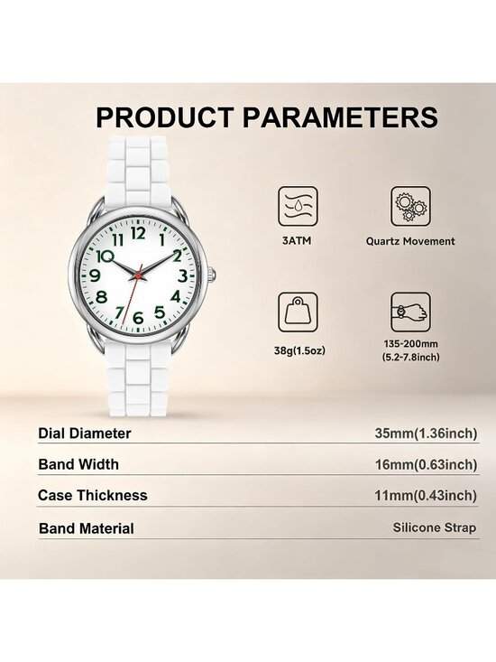 Women\'s White Big Face Easy Reader Silicone Strap Waterproof 35MM Wrist Watch main image 4
